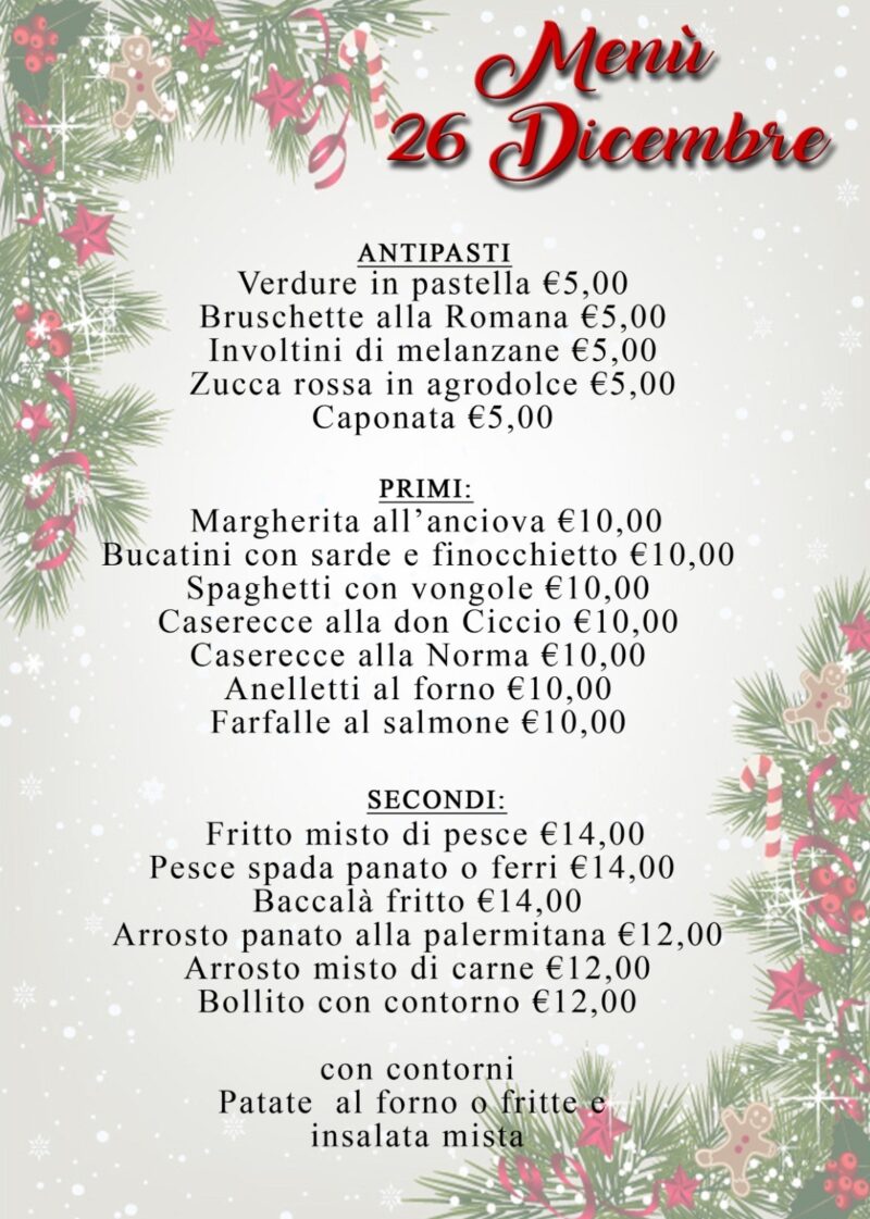 Menu del 26 Dicembre e chiusure